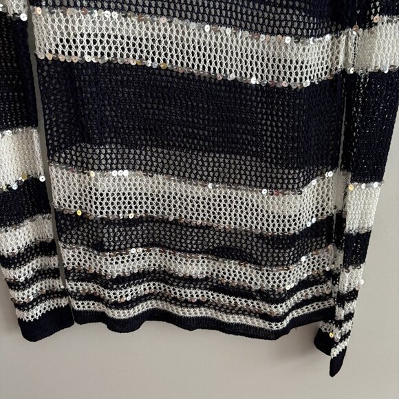 Chicos Wmn 2/L Navy Blue/White Silver Sequin Open Knit Pullover Tunic Sweater - Picture 2 of 7